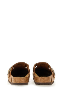 Brown leather birkenstock unisex sandalo boston clogs with cork footbed and metal buckle