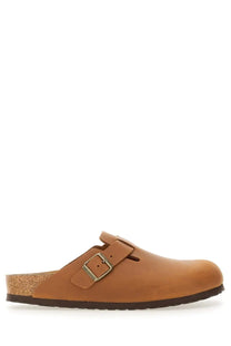 Birkenstock unisex sandalo boston brown tan leather clog with cork footbed and metallic buckle
