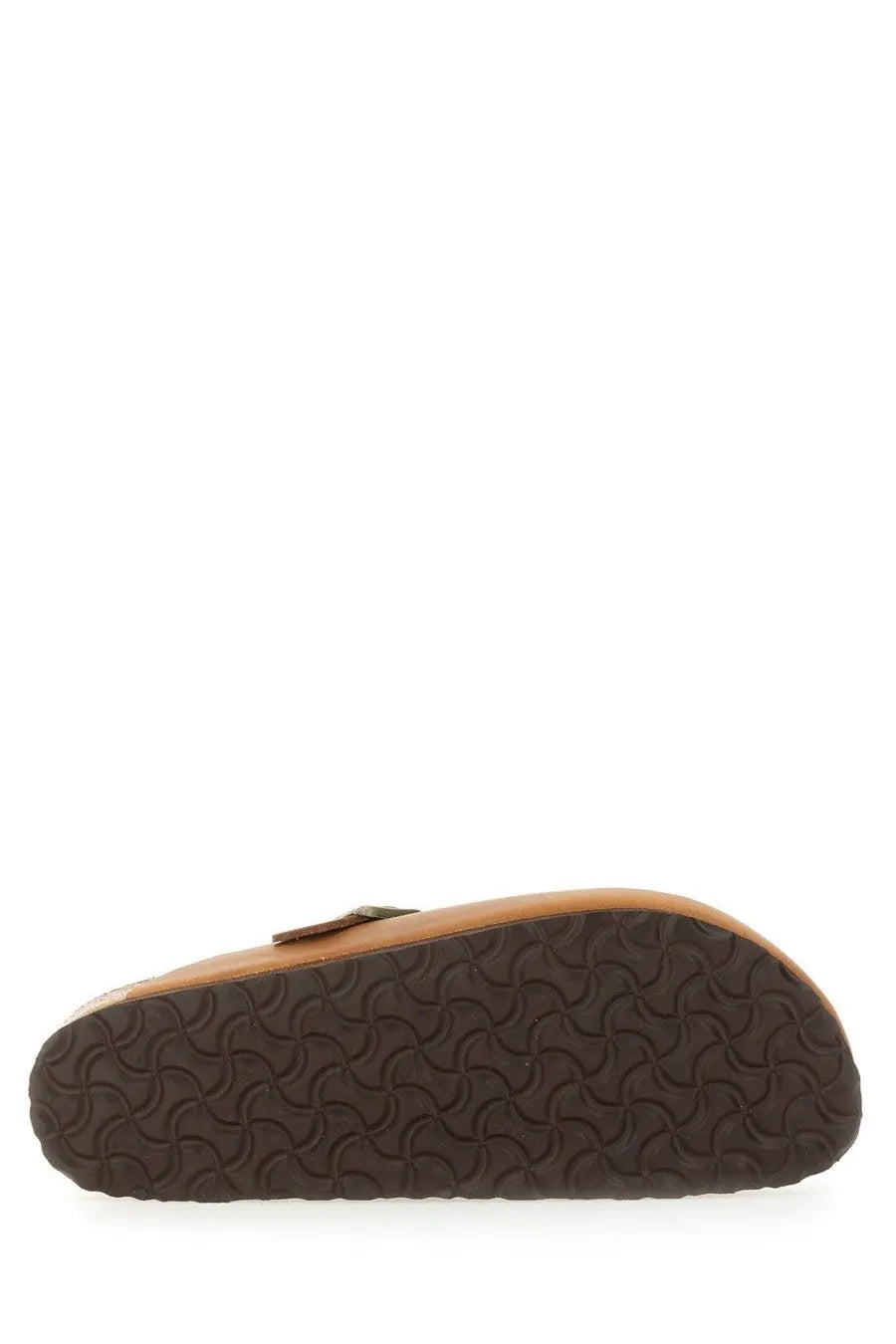 Birkenstock unisex sandalo boston brown tan leather clog with dark brown wavy textured rubber sole side view