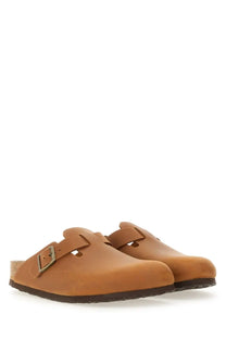 Birkenstock unisex sandalo boston brown tan leather clog sandals with single buckle strap and cork footbed