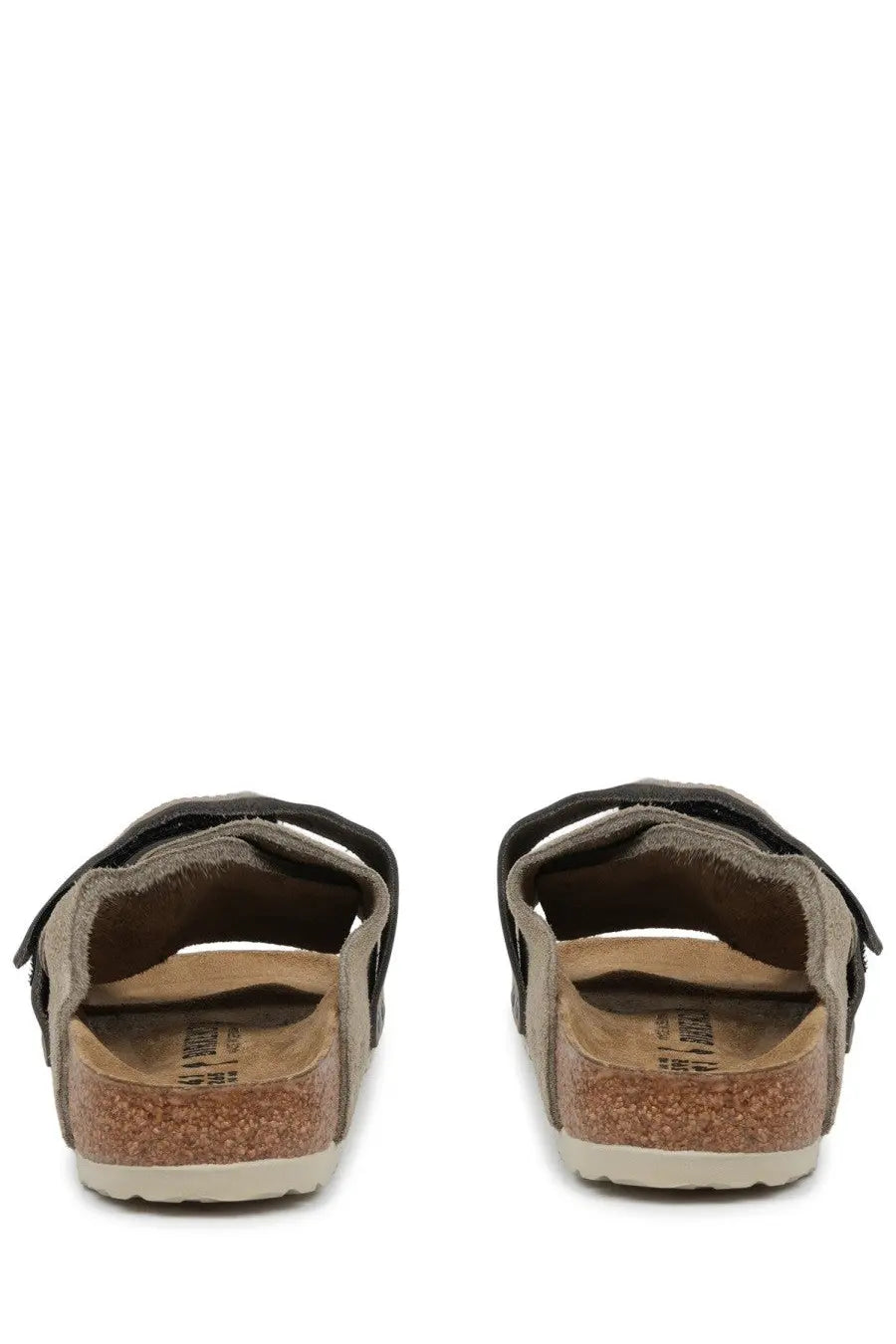 Birkenstock unisex sandalo kyoto beige suede sandals with black velcro straps and cork footbed front view