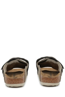 Birkenstock unisex sandalo kyoto beige suede sandals with black velcro straps and cork footbed front view