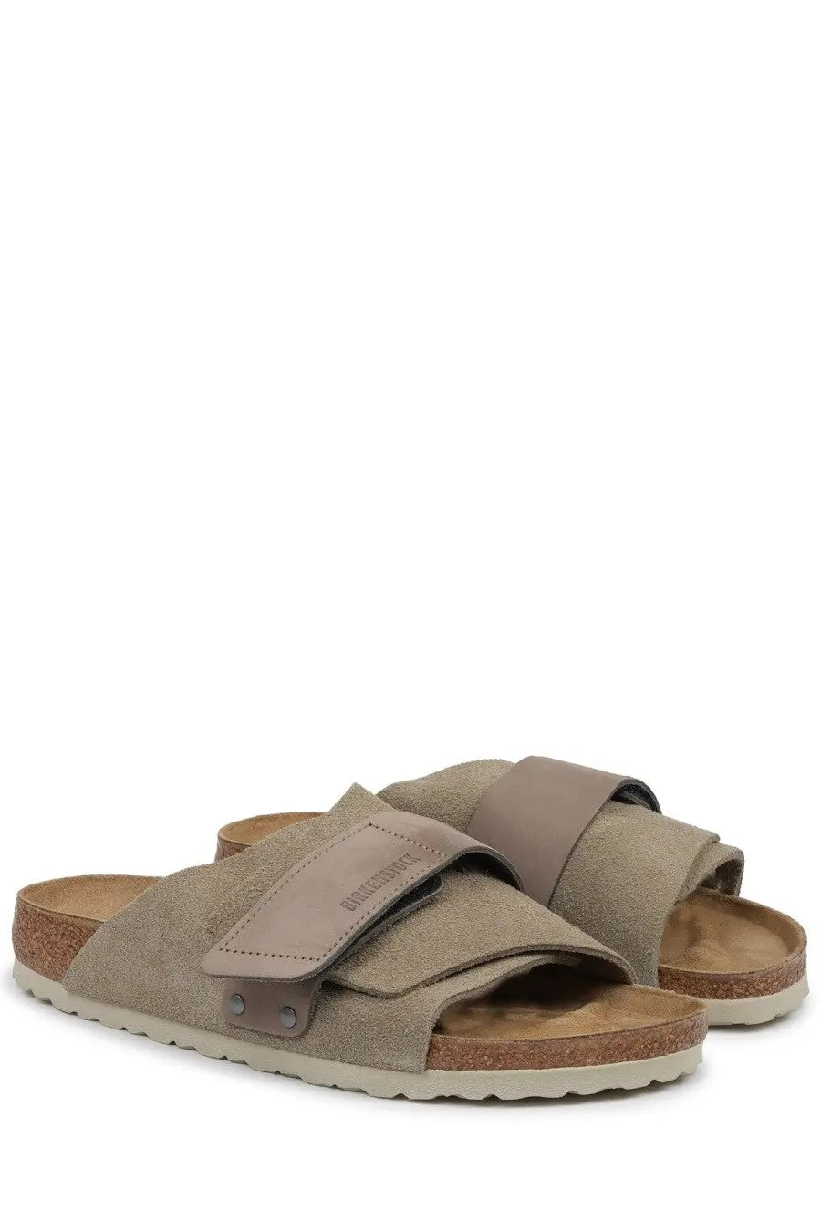 Beige suede strap Birkenstock unisex Sandalo Kyoto sandals with cork footbed and white rubber sole