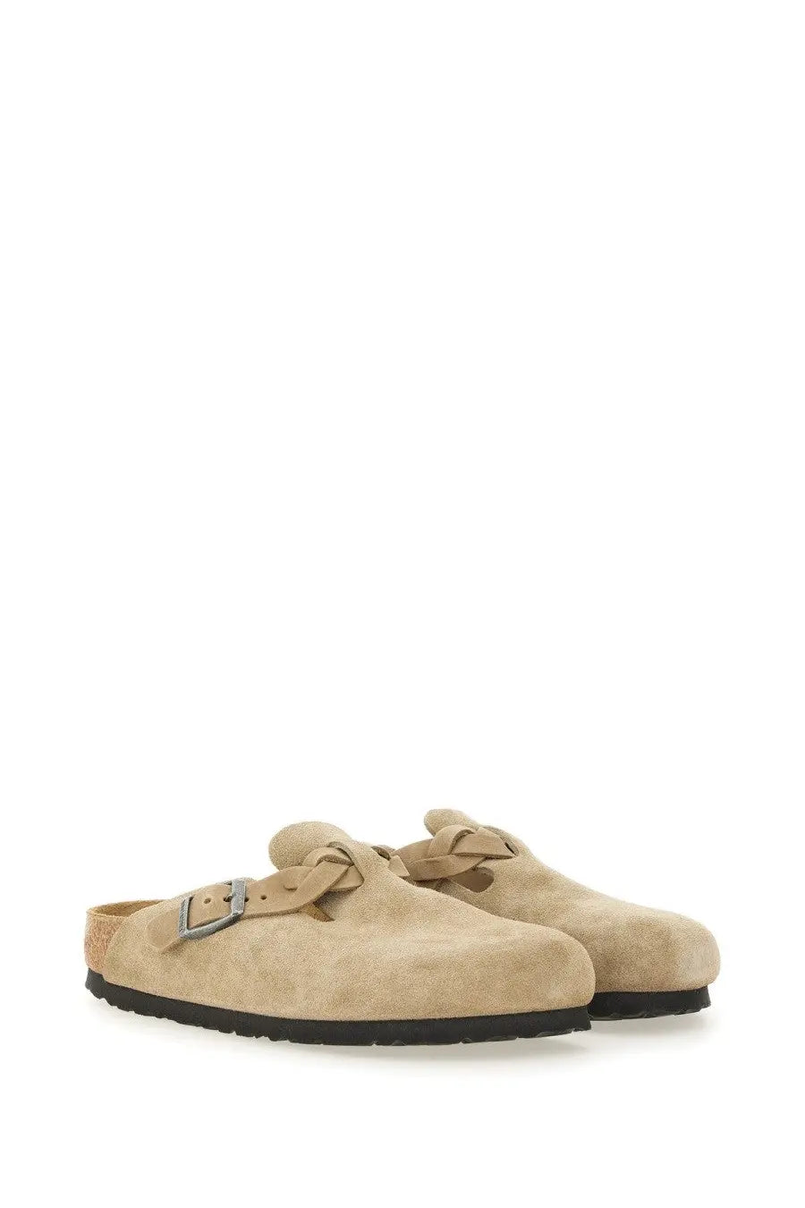 Beige suede birkiburs clog sandal with single buckle and cork footbed by birkenstock unisex slipper boston braided