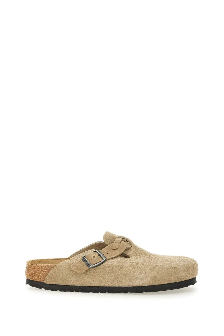 Birkenstock unisex slipper sandal Boston braided beige with beige suede clog upper cork footbed and black rubber sole