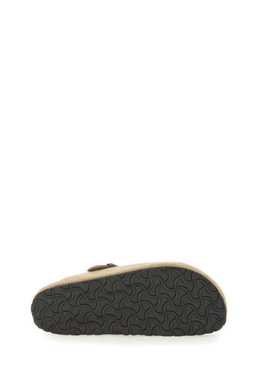 Beige suede birkenstock unisex slipper sandal boston braided with black rubber sole and wavy tread pattern