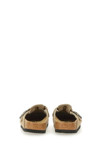 Beige suede birkenstock unisex slipper sandal boston braided clog with cork footbed and black rubber sole