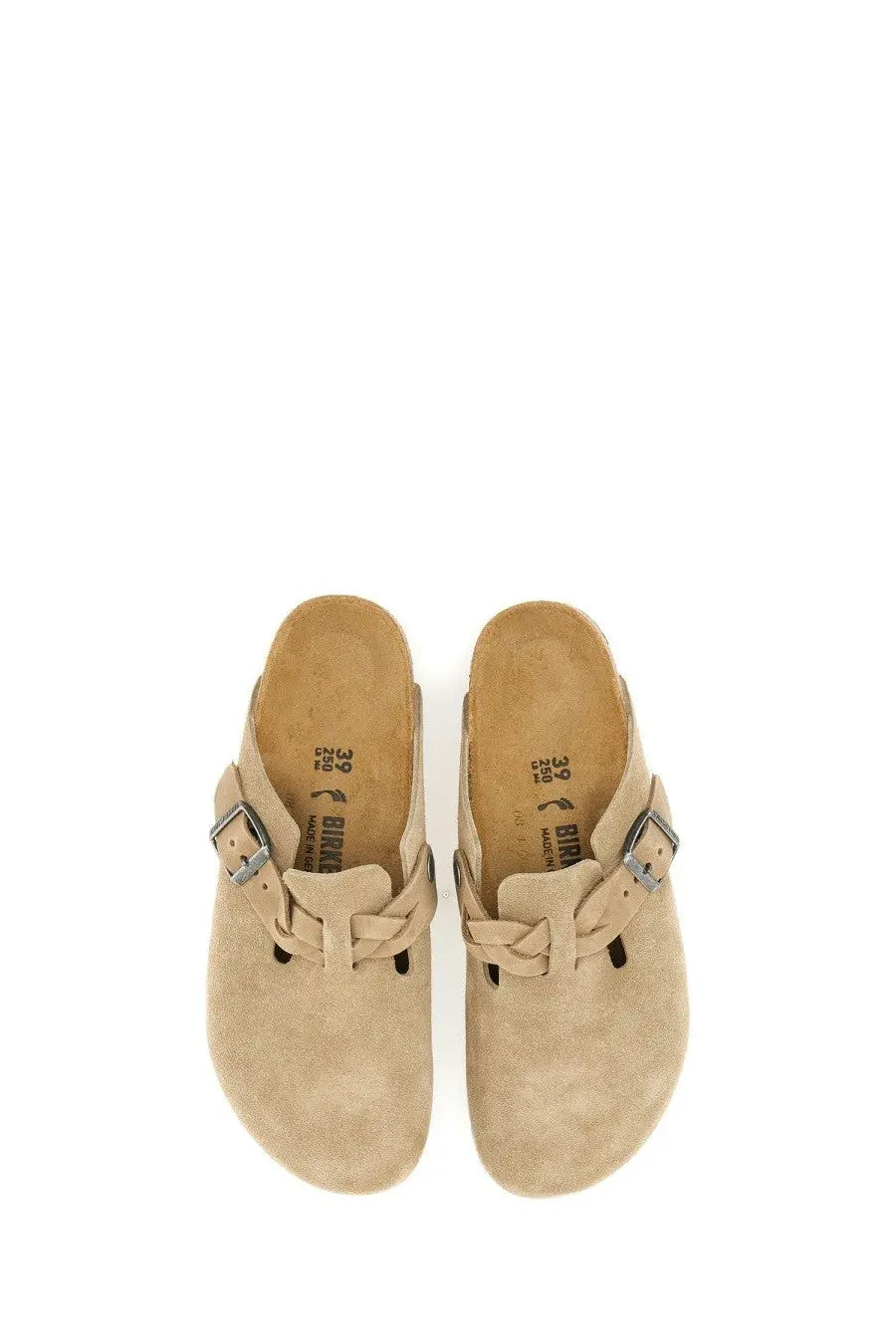 Beige suede Birkenstock unisex slipper sandal Boston with braided straps and silver buckle details