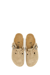 Beige suede Birkenstock unisex slipper sandal Boston with braided straps and silver buckle details