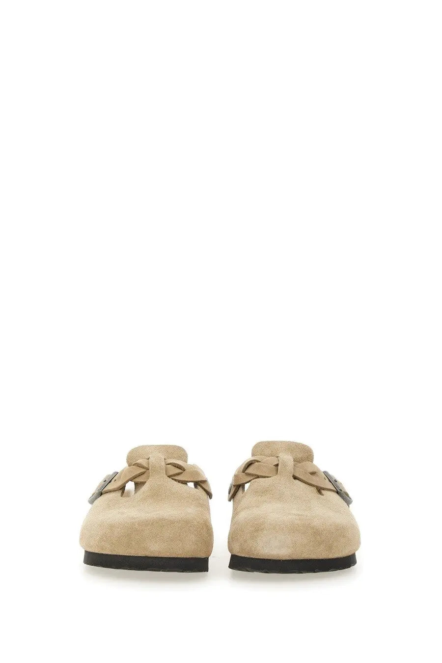 Beige suede birkenstock unisex mules with braided leather straps and silver-toned buckle details