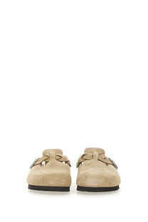 Beige suede Birkenstock unisex slipper sandal Boston with braided leather straps and silver buckle details
