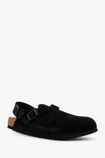 Birkenstock unisex tokio ii suede mule black clog sandal with two adjustable buckle straps and cork footbed