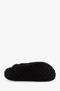 Birkenstock unisex tokio ii suede mule black showing black rubber sole with distinctive wavy tread pattern back side
