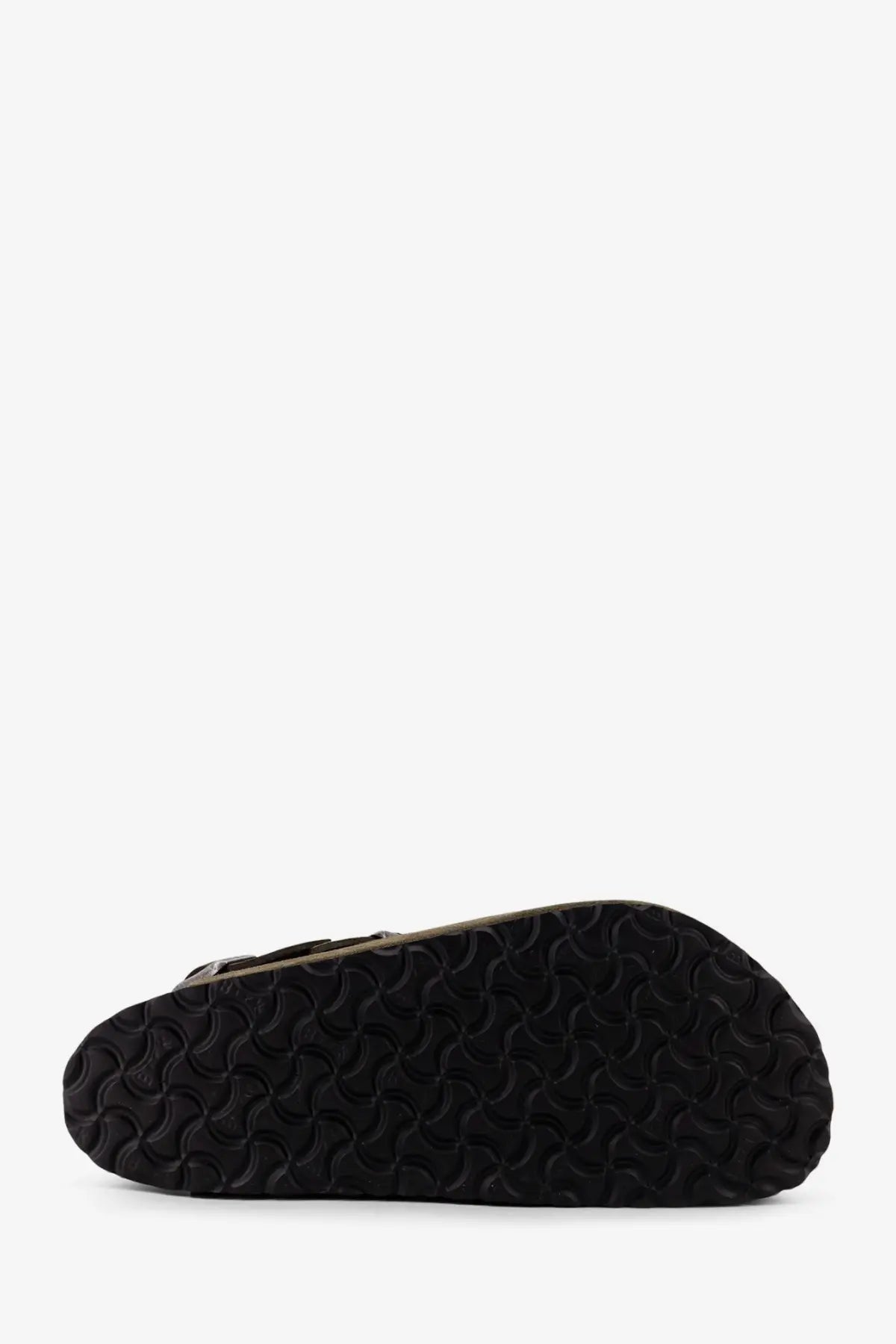 Black rubber sole with wavy textured pattern on birkenstock unisex tokyo suede low sandals green back side