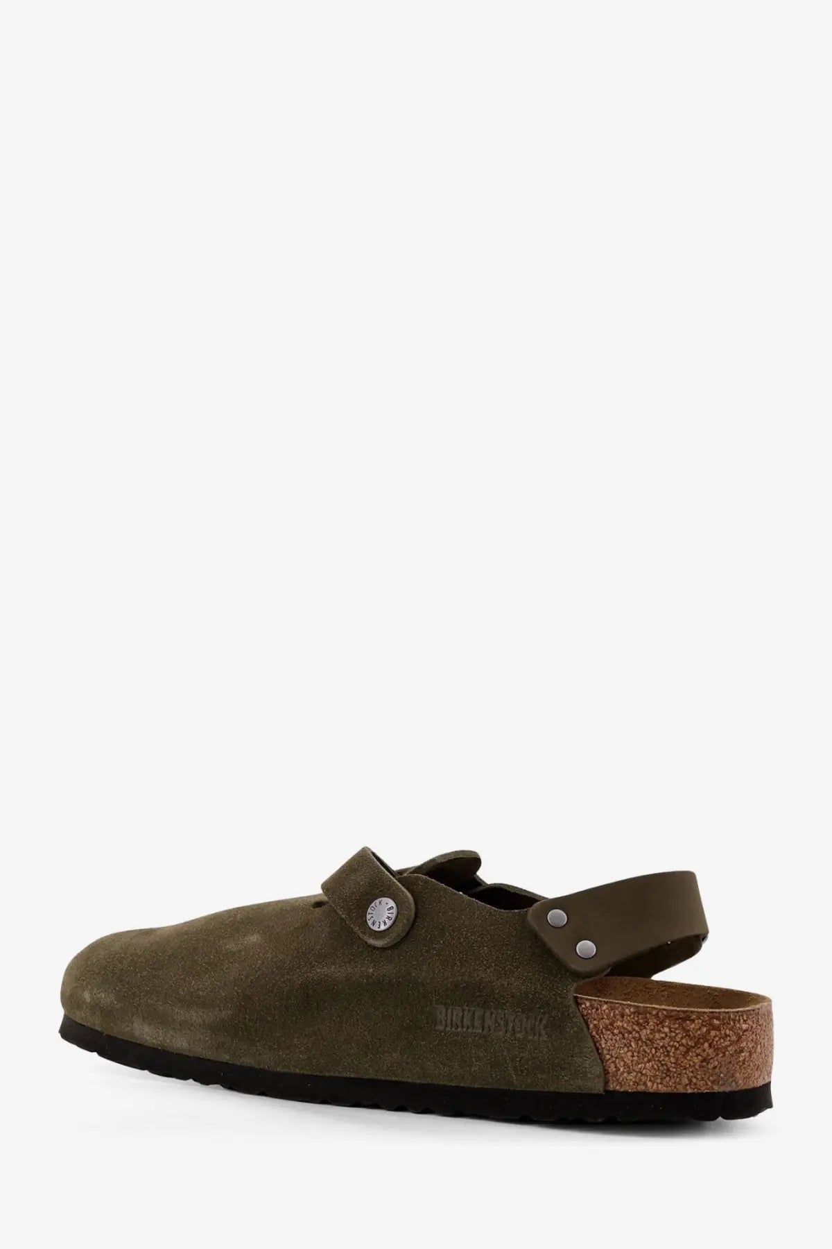 Olive green suede birkenstock unisex tokyo low clog sandal with cork footbed and silver buckle