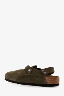 Olive green suede birkenstock unisex tokyo low clog sandal with cork footbed and silver buckle