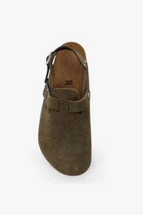 Birkenstock unisex tokyo olive green suede clog sandal with buckle strap and metal hardware