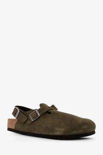 Birkenstock unisex tokyo suede low sandal in olive green with two silver buckle straps and cork footbed