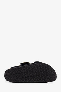 Birkenstock womens arizona big buckle piping rivet sandals in black with two adjustable straps and textured rubber sole