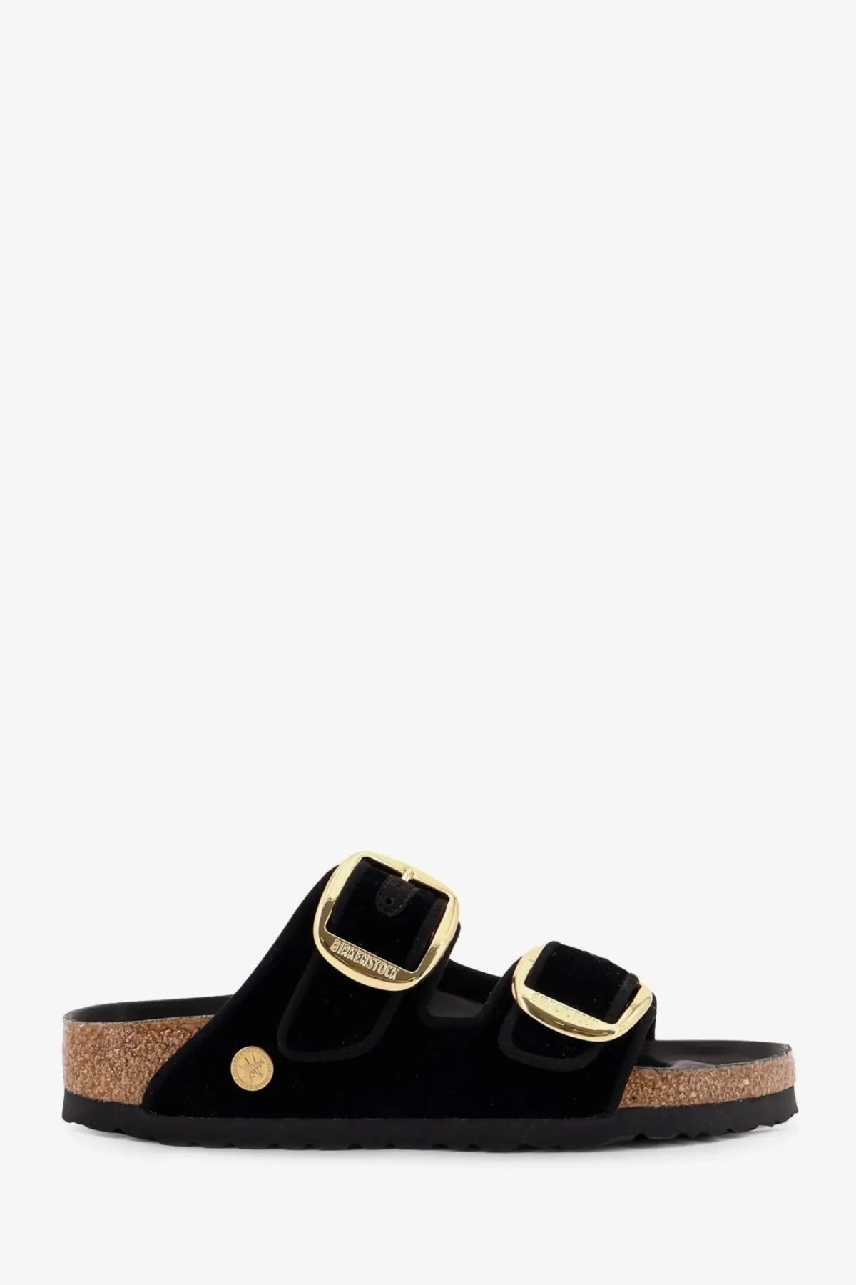 Black velvet birkenstock arizona women’s sandals with gold tone big buckle and piping rivet accents in black