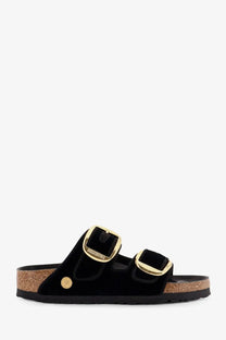 Black velvet birkenstock arizona women’s sandals with gold tone big buckle and piping rivet accents in black