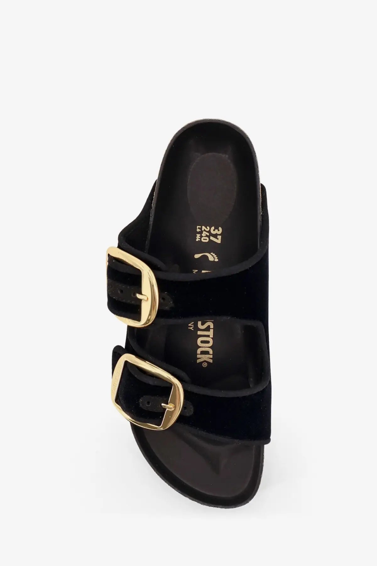 Black suede birkenstock women’s arizona sandals with gold-tone big buckle straps and piping rivet details