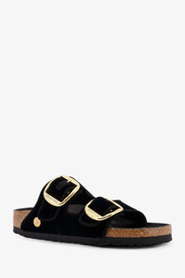 Black velvet birkenstock women’s arizona sandals with gold-tone double buckle straps and cork footbed