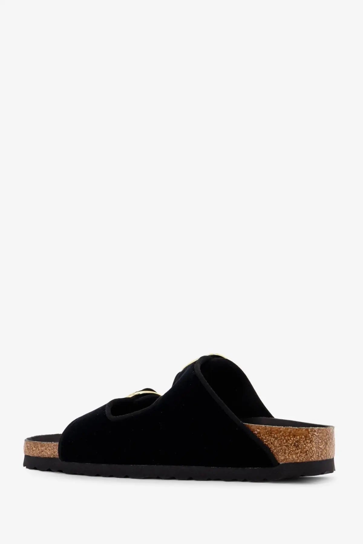 Birkenstock women’s arizona black velvet two-strap slide sandal with cork footbed and gold-tone buckle