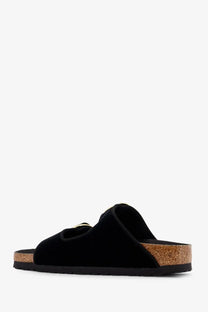 Birkenstock women’s arizona black velvet two-strap slide sandal with cork footbed and gold-tone buckle