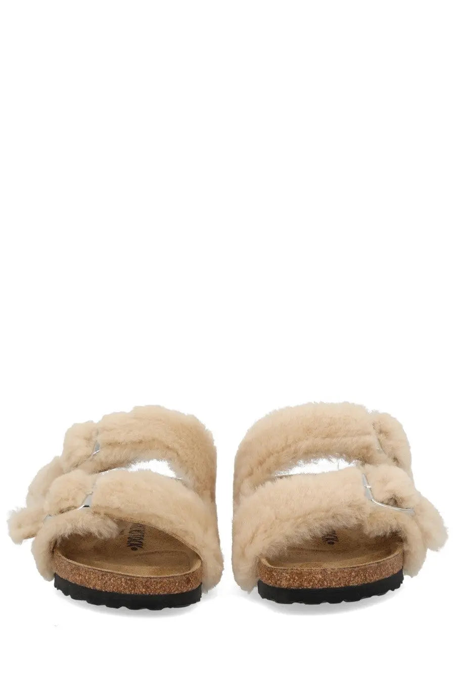 Beige birkenstock women’s Arizona Big Buckle sandal with shearling lining two adjustable straps and cork footbed
