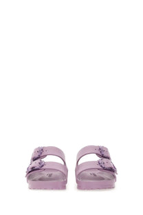 Lilac birkenstock women’s arizona big buckle sandal with two adjustable straps and metallic buckles