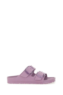 Birkenstock women’s arizona big buckle sandal in lilac with two adjustable straps and metallic buckle closures