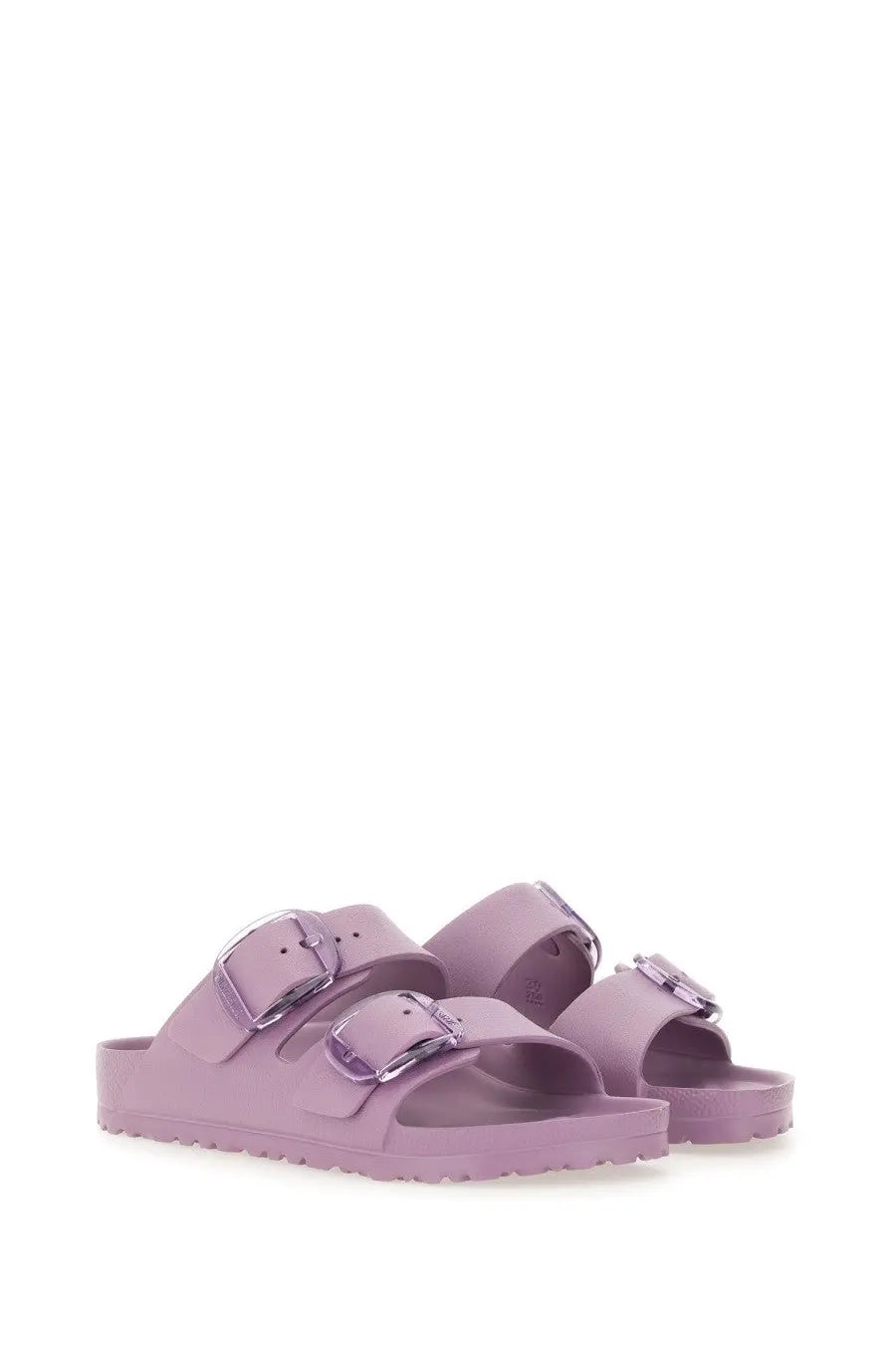 Lilac Birkenstock women’s Arizona big buckle sandal with two metallic buckle straps and a rubber sole