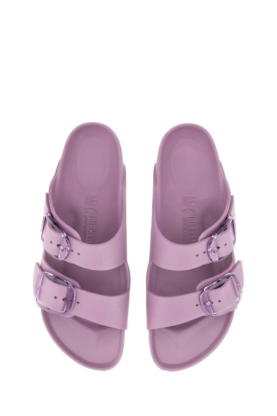 Lilac birkenstock women’s arizona big buckle sandal with two adjustable straps and metallic buckles