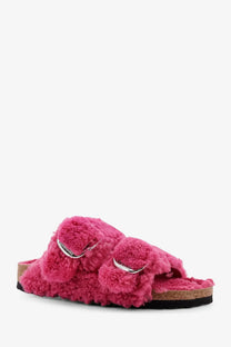 Birkenstock women’s arizona big buckle teddy sandals in bright pink shearling with silver buckle straps and cork sole