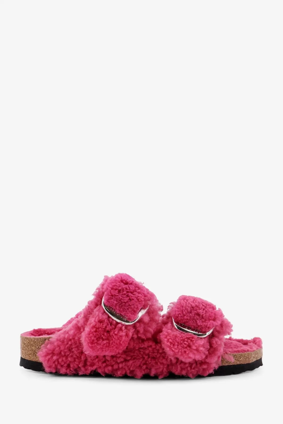 Birkenstock women’s arizona pink slide sandals with shearling lining and silver metal buckles in birkenstock style