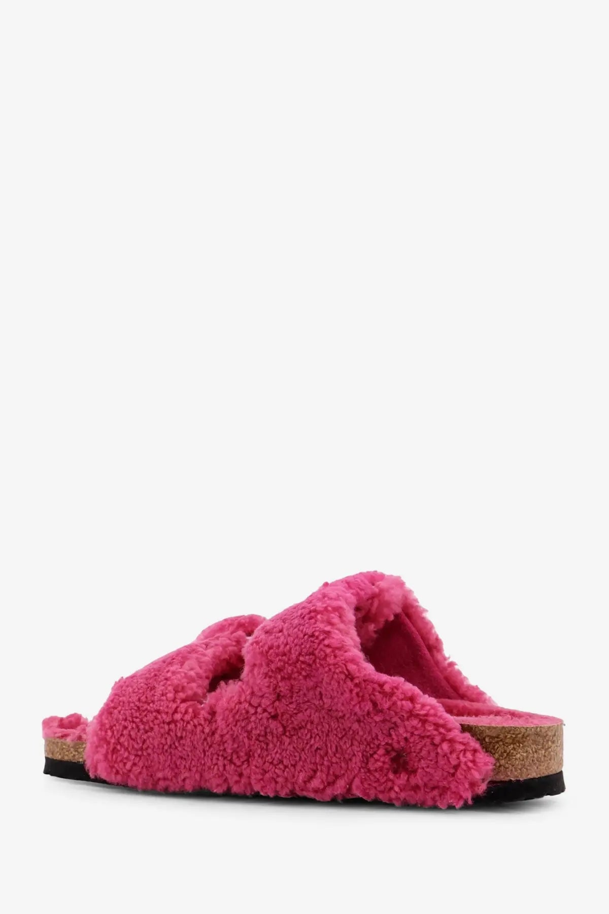 Birkenstock women’s arizona big buckle teddy river pink slide sandal with pink shearling upper cork footbed and black sole