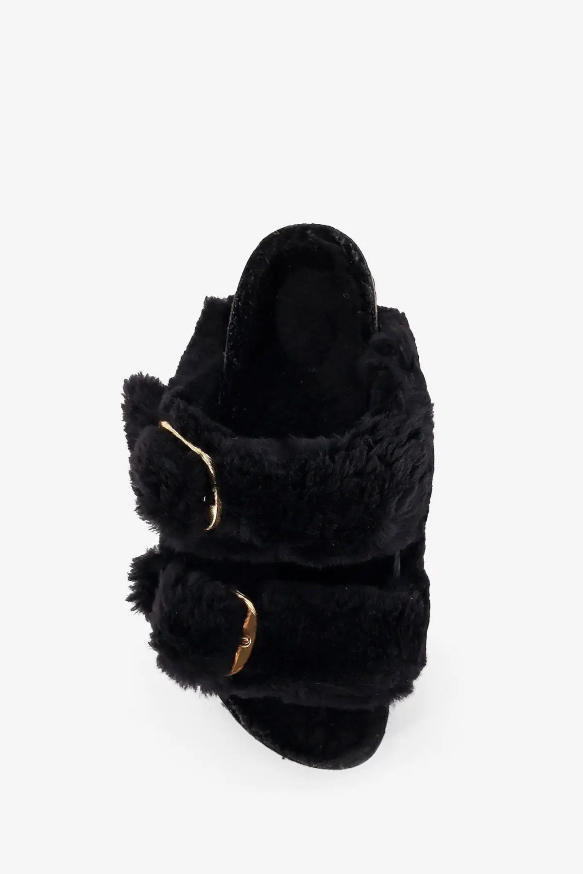 Birkenstock women’s Arizona black fuzzy slide sandals with two gold-toned buckle straps and teddy material