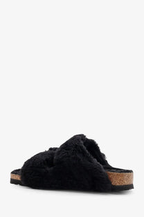 Birkenstock women’s Arizona big buckle teddy sandals black with black shearling lining cork footbed and rubber sole