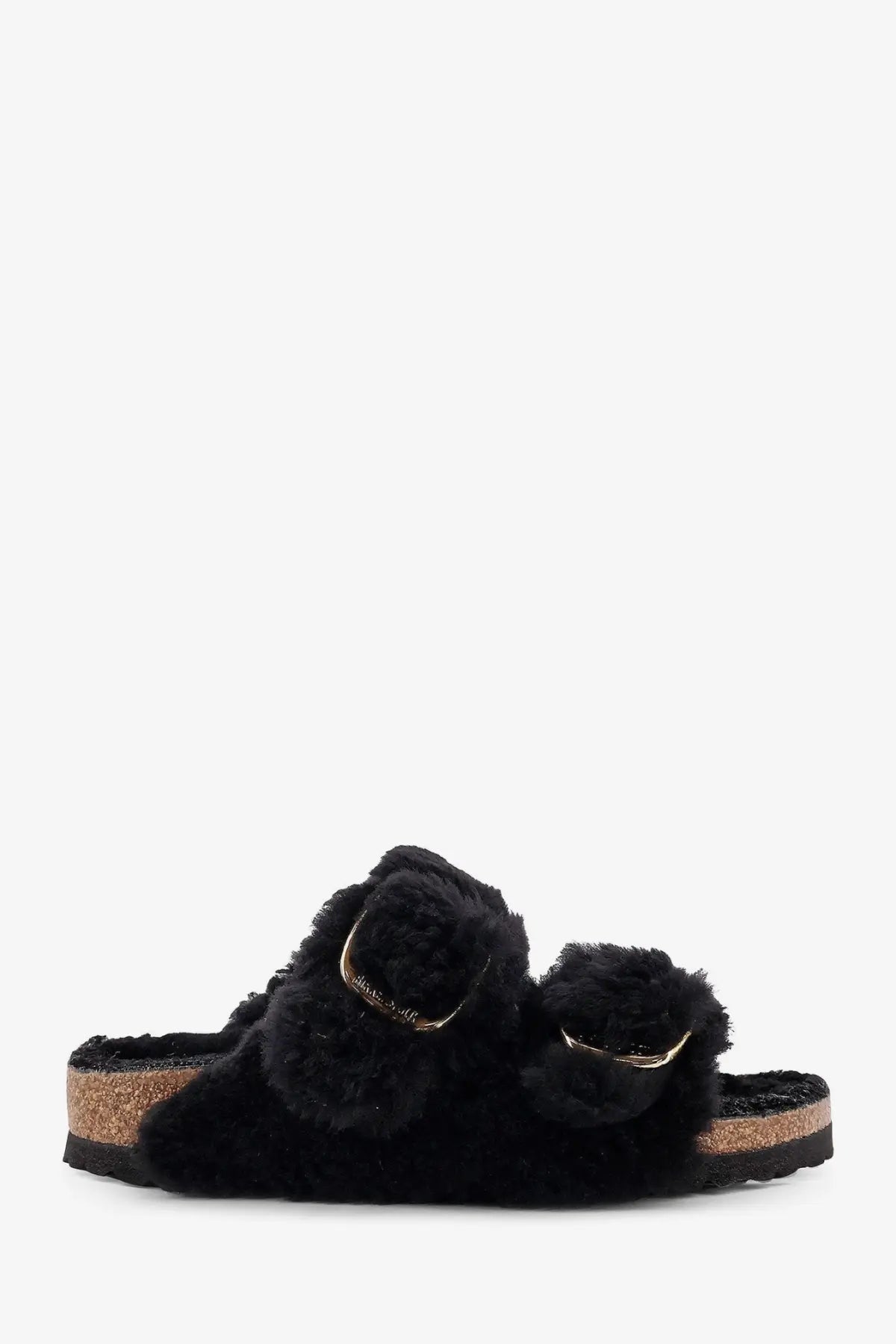 Birkenstock women’s arizona slide sandal in black shearling with gold-tone buckle accents