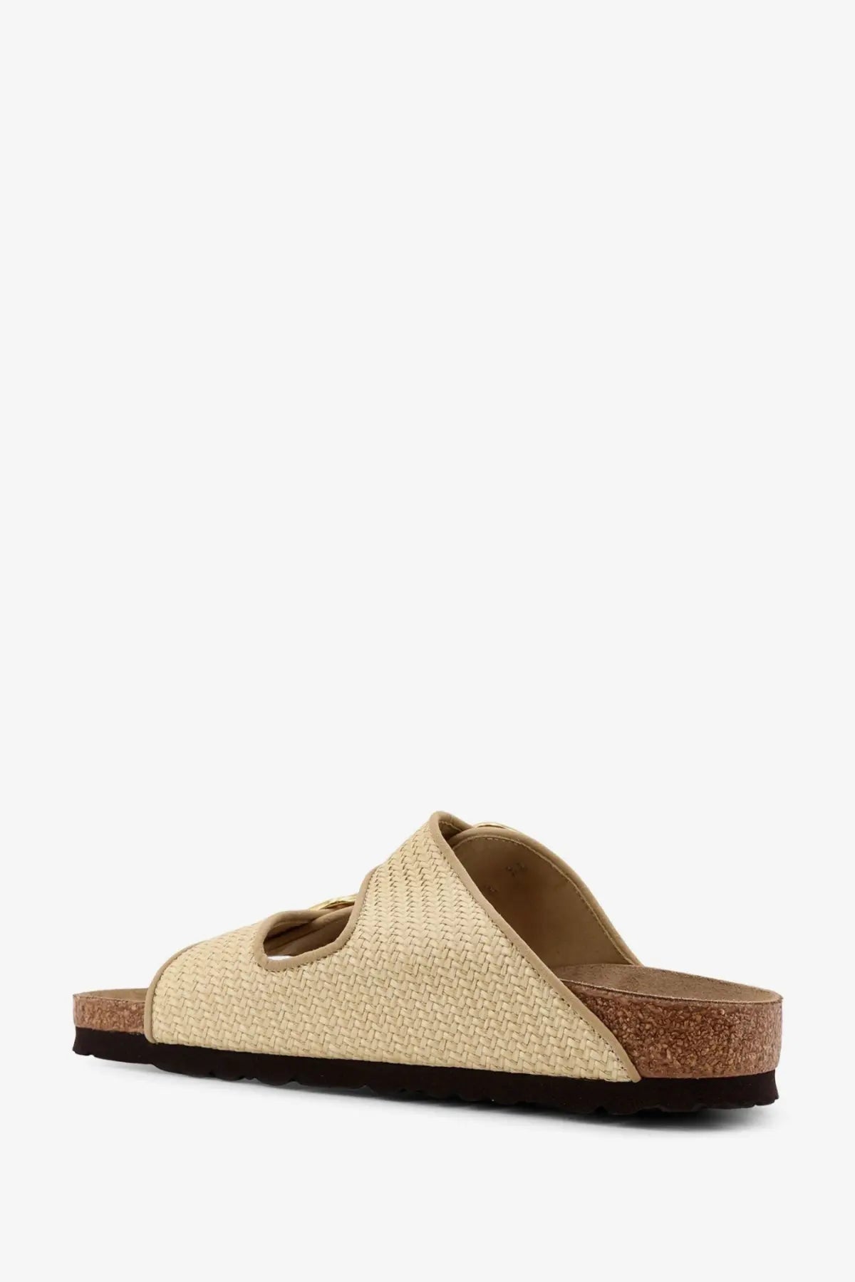 Birkenstock women’s Arizona beige slide sandal with woven raffia strap cork footbed and black rubber sole