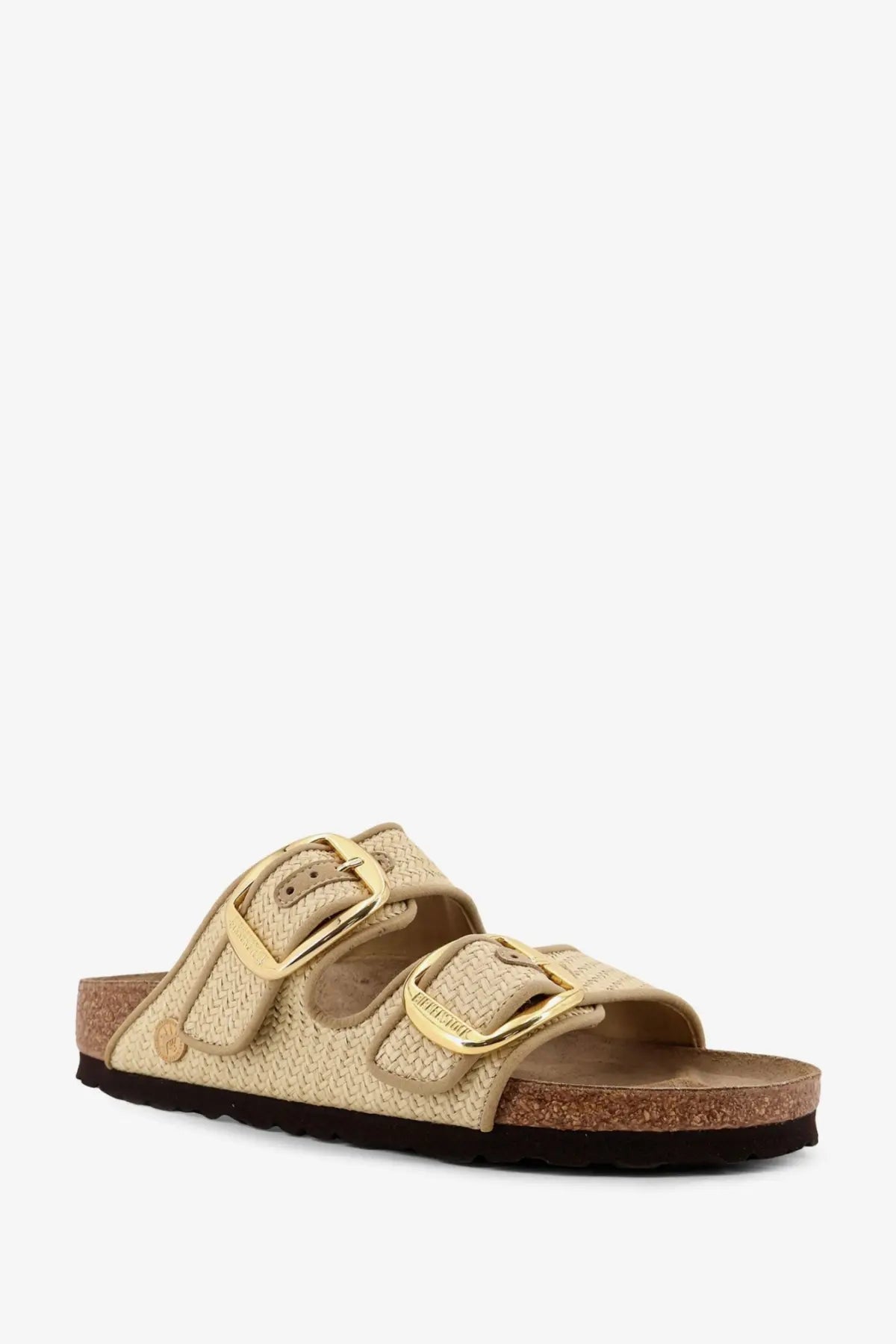 Beige birkenstock women’s arizona sandals with woven raffia straps gold-tone buckles and cork footbed