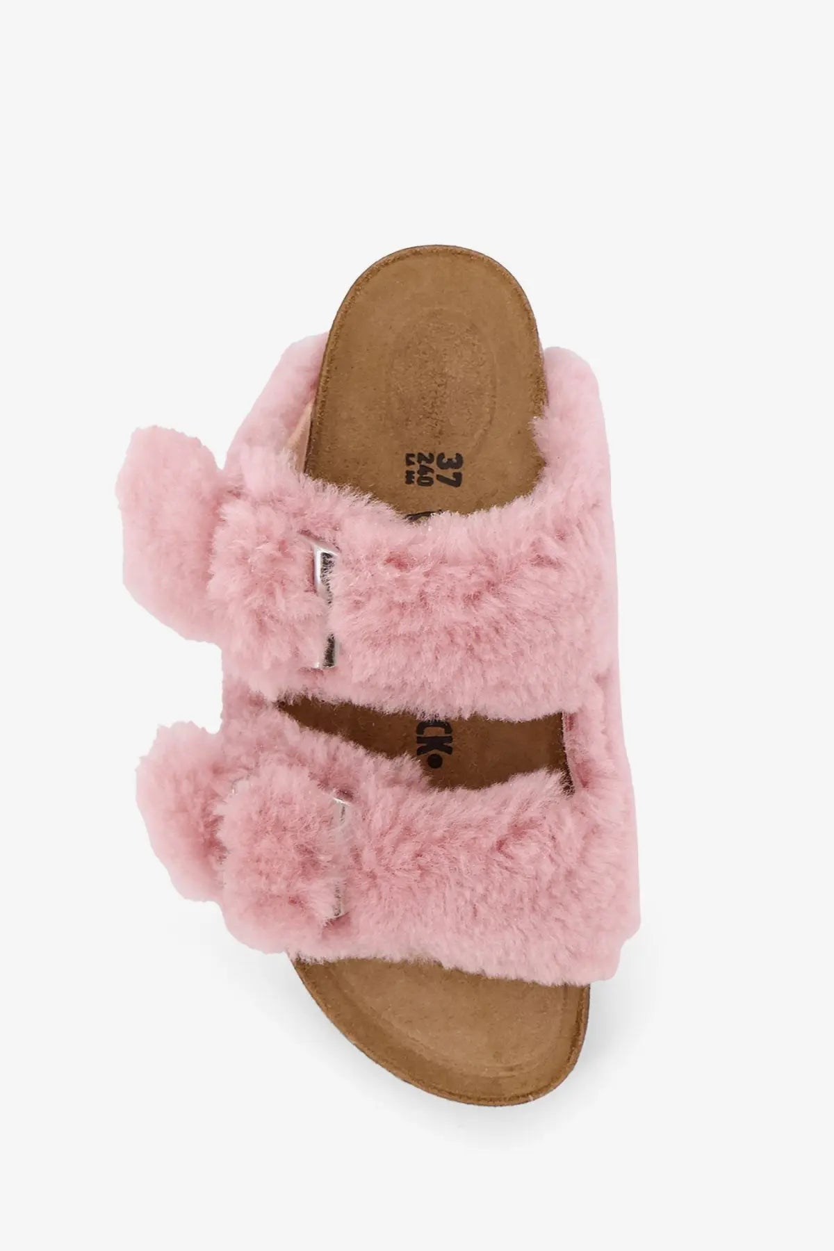 Birkenstock women’s arizona faux fur low sandals in pink with two straps cork footbed and silver buckle accents