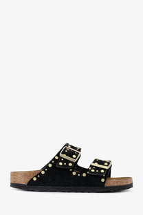 Birkenstock women’s Arizona black suede sandals with gold-tone studs and double buckle straps