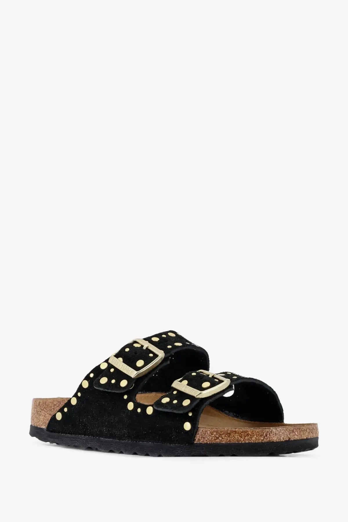 Birkenstock women’s arizona black suede sandals with gold-tone studs and double buckle straps front view