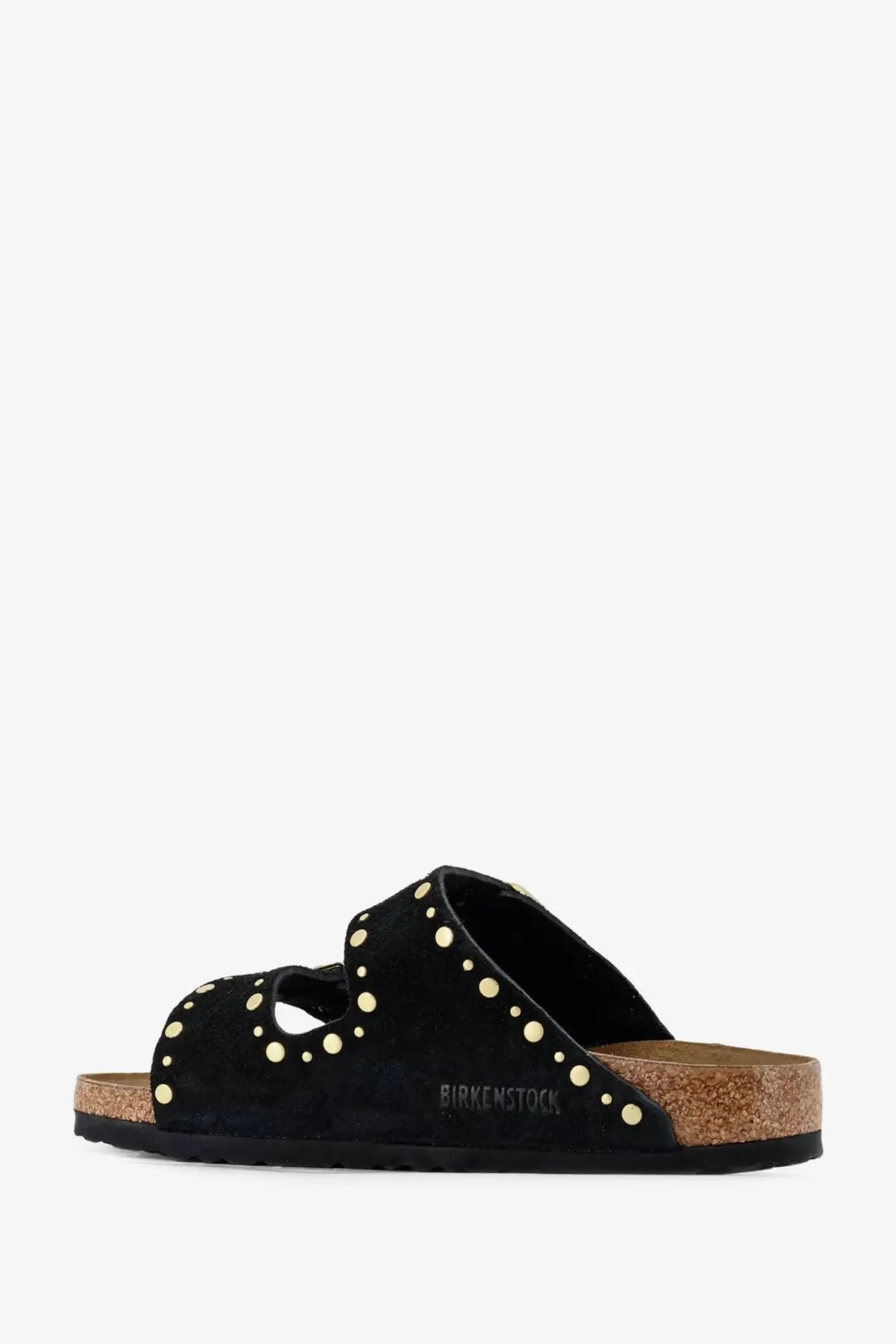 Black suede birkenstock women’s arizona rivet sandals with gold-tone studs along the straps