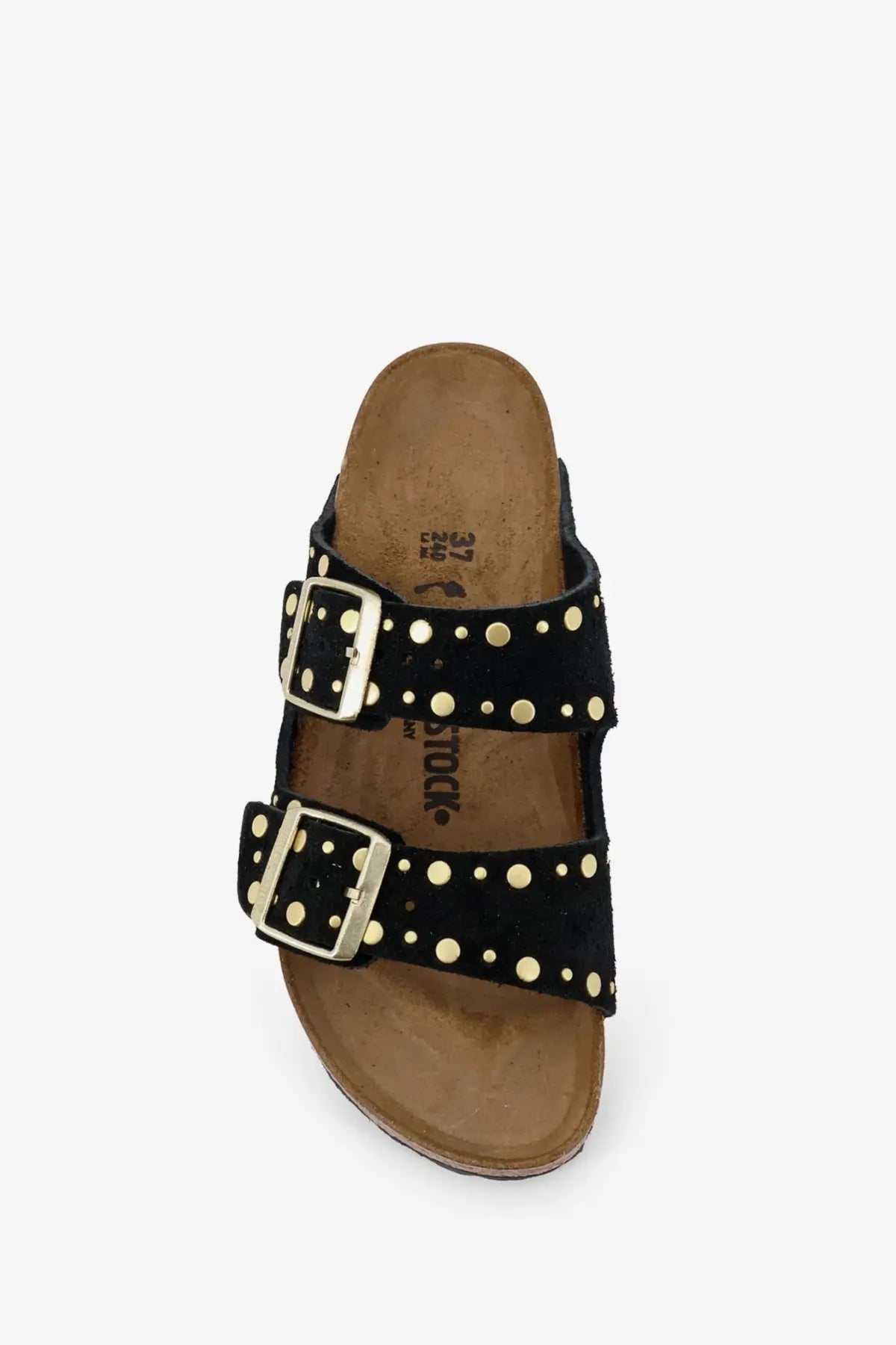 Birkenstock women’s arizona rivet black suede sandal with two adjustable straps gold-tone studs and silver buckles