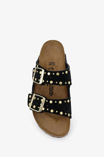 Birkenstock women’s arizona rivet black suede sandal with two adjustable straps gold-tone studs and silver buckles