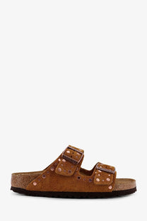 Birkenstock women’s arizona rivet suede sandals in tan with rose gold metal buckles and decorative studs