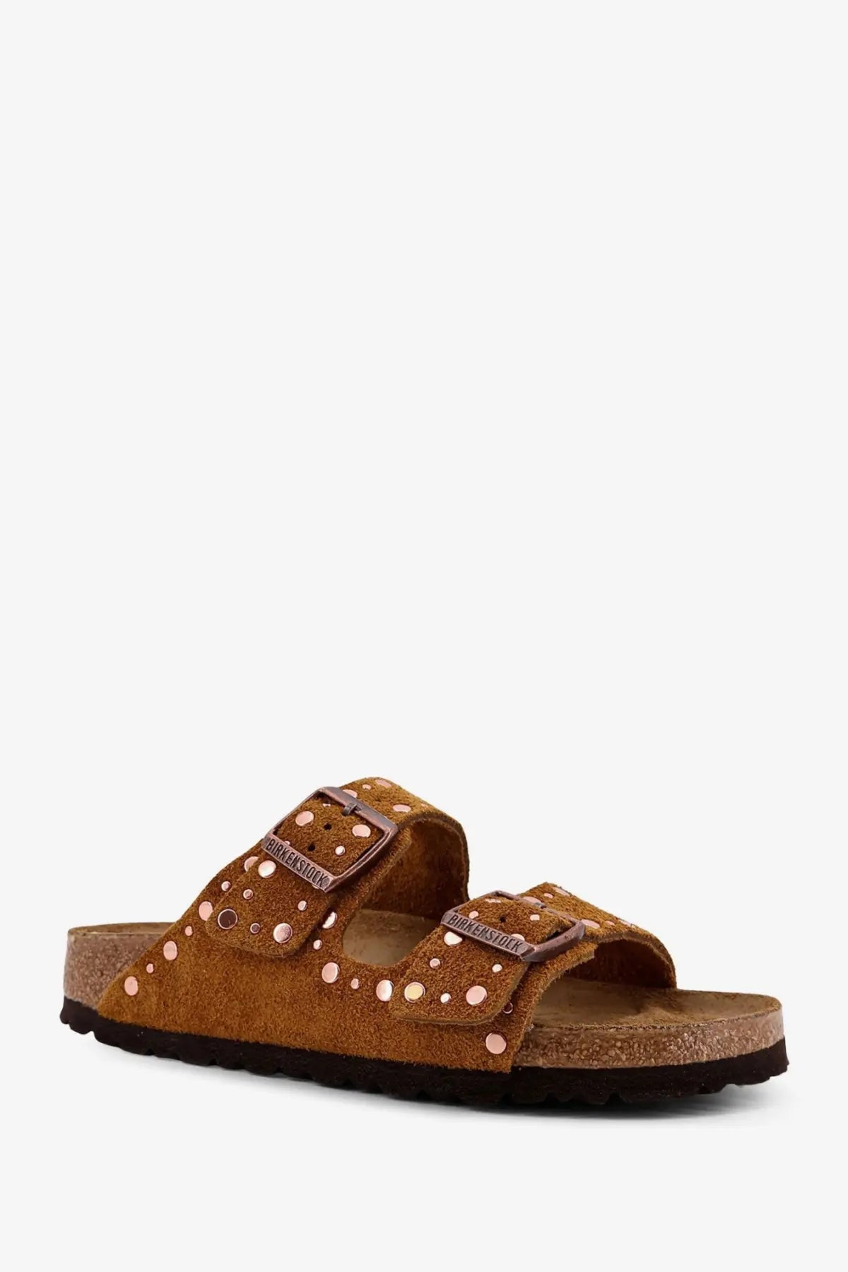 Birkenstock women’s arizona rivet tan suede sandals with rose gold-tone buckles and circular studs
